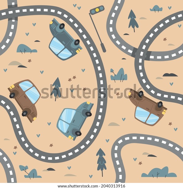 Seamless\
pattern with cute cartoon cars and road on a beige backdrop.\
Amusing cute cars are driving along the track among bushes and\
flowers. Cartoon vector illustration for\
kids.