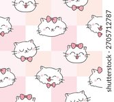 Seamless Pattern with Cute Cartoon Cat Face Design on Pastel Plaid Background. Hand Drawn Vector Illustration. Not AI Generated.