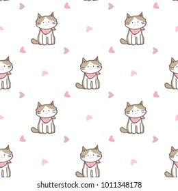 Seamless Pattern of Cute Cartoon Cat and Heart Design on White Background
