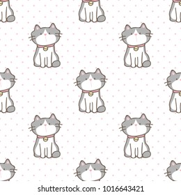Seamless Pattern of Cute Cartoon Cat Design on White Background with Pink Dots