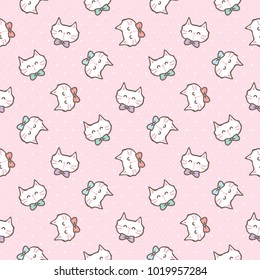 Seamless Pattern of Cute Cartoon Cat Face Design on Pink Background with Dots