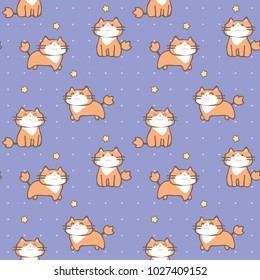 Seamless Pattern of Cute Cartoon Cat and Star Design on Blue Background with Pink Dots