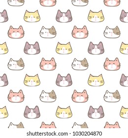 Seamless Pattern of Cute Cartoon Cat Face on White Background
