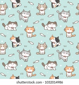 Seamless Pattern of Cute Cartoon Cat Design on Pastel Green Background