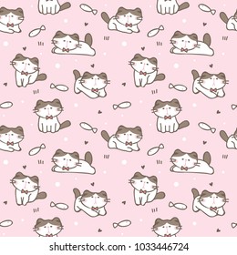Seamless Pattern of Cute Cartoon Cat Design on Pink Background