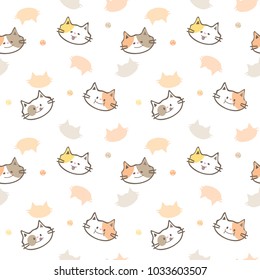 Seamless Pattern of Cute Cartoon Cat Face Design on White Background
