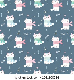 Seamless Pattern of Cute Cartoon Cat with Scarf Illustration