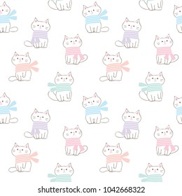 Seamless Pattern of Cute Cartoon Cat with Scarf Design on White Background