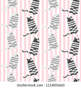 Seamless pattern with cute cartoon cat on pink background. Kitty print.