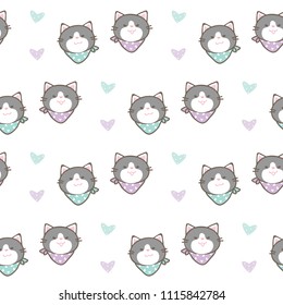 Seamless Pattern of Cute Cartoon Cat Face Design on White Background with Hearts