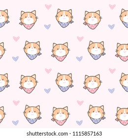 Seamless Pattern of Cute Cartoon Cat Face Design on Light Pink Background with Hearts