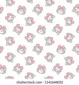 Seamless Pattern of Cute Cartoon Cat Face Design on White Background with Dots