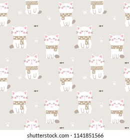 Seamless Pattern of Cute Cartoon Cat Design on Light Brown Background