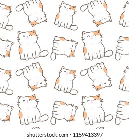 Seamless Pattern of Cute Cartoon Cat Design on White Background