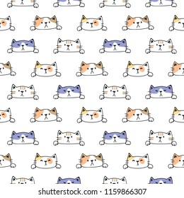 Seamless Pattern of Cute Cartoon Cat Face Design on White Background