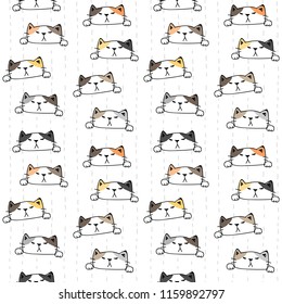 Seamless Pattern of Cute Cartoon Cat Face Design on White Background with Dash Line