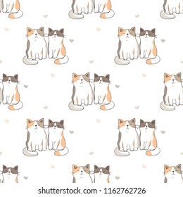 Seamless Pattern of Cute Cartoon Cat and Heart Design on White Background