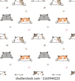 Seamless Pattern of Cute Cartoon Cat Face and Paw Design on White Background