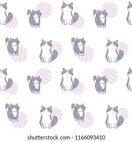 Seamless Pattern of Cute Cartoon Cat Design on White Background with Round Shape