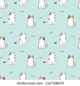 Seamless Pattern of Cute Cartoon Cat Design on Pastel Green Background