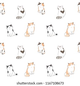 Seamless Pattern of Cute Cartoon Cat Design on White Background