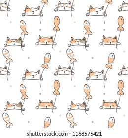 Seamless Pattern of Cute Cartoon Cat Face and Balloon Design on White Background