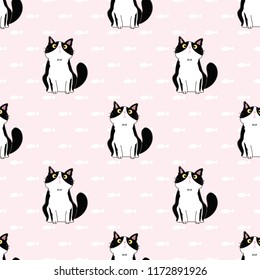 Seamless Pattern of Cute Cartoon Cat Design on Pastel Pink Background with White Fish