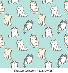 Seamless Pattern of Cute Cartoon Cat Design on Green Background