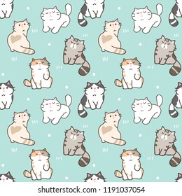 Seamless Pattern with Cute Cartoon Cat Illustration Design on Green Background