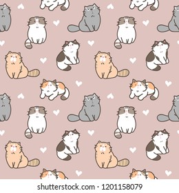 Seamless Pattern of Cute Cartoon Cat and Heart Design on Brown Background