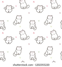 Seamless Pattern of Cute Cartoon Cat Design on White Background with Hearts