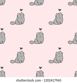 Padrão sem emenda do gato bonito do desenho animado com coração no fundo rosa claro