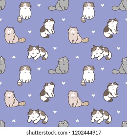 Seamless Pattern of Cute Cartoon Cat Design on Blue Background with Hearts