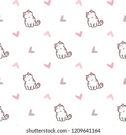 Seamless Pattern with Cute Cartoon Cat and Pastel Heart Design on White Background