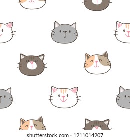 Seamless Pattern with Cute Cartoon Cat Face Design on White Background