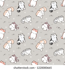 Seamless Pattern of Cute Cartoon Cat Illustration Design on Warm Grey Background