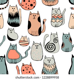 Seamless pattern with cute cartoon cat. Doodle outline art.