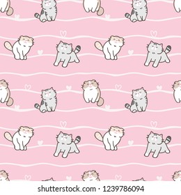 Seamless Pattern of Cute Cartoon Cat Design on Pink Background with Hearts and Wavy Lines
