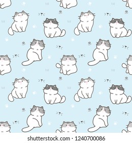 Seamless Pattern of Cute Cartoon Cat Design on Pastel Blue Background