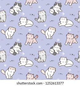 Seamless Pattern of Cute Cartoon Cat Illustration Design on Blue Background