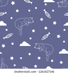Seamless Pattern of Cute Cartoon Cat and Fish Design on blue Background with stars