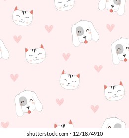 Seamless Pattern of Cute Cartoon Cat, Dog.