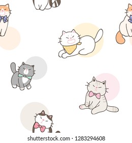Seamless Pattern of Cute Cartoon Cat Drawing and Pastel Dot Design on White Background