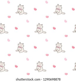Seamless Pattern with Cute Cartoon Cat and Heart Design on White Background
