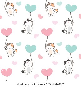 Seamless Pattern of Cute Cartoon Cat, Balloon and Heart Design on White Background