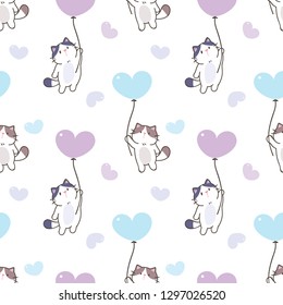 Seamless Pattern of Cute Cartoon Cat, Balloon and Heart Design on White Background