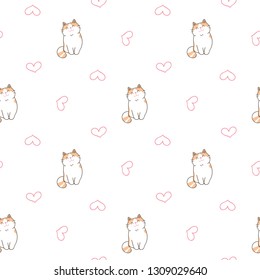 Seamless Pattern with Cute Cartoon Cat and Heart Design on White Background
