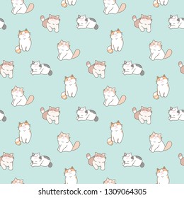 Seamless Pattern of Cute Cartoon Cat Design on Pastel Green Background