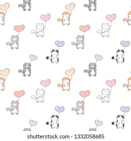 Seamless Pattern of Cute Cartoon Cat with Balloon Illustration on White Background