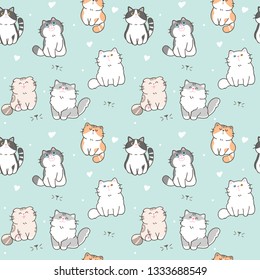 Seamless Pattern of Cute Cartoon Cat Design on Pastel Green Background